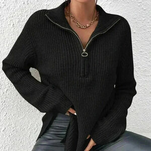 Black Casual Women's Half Zip Drop Shoulder Grain Sweater